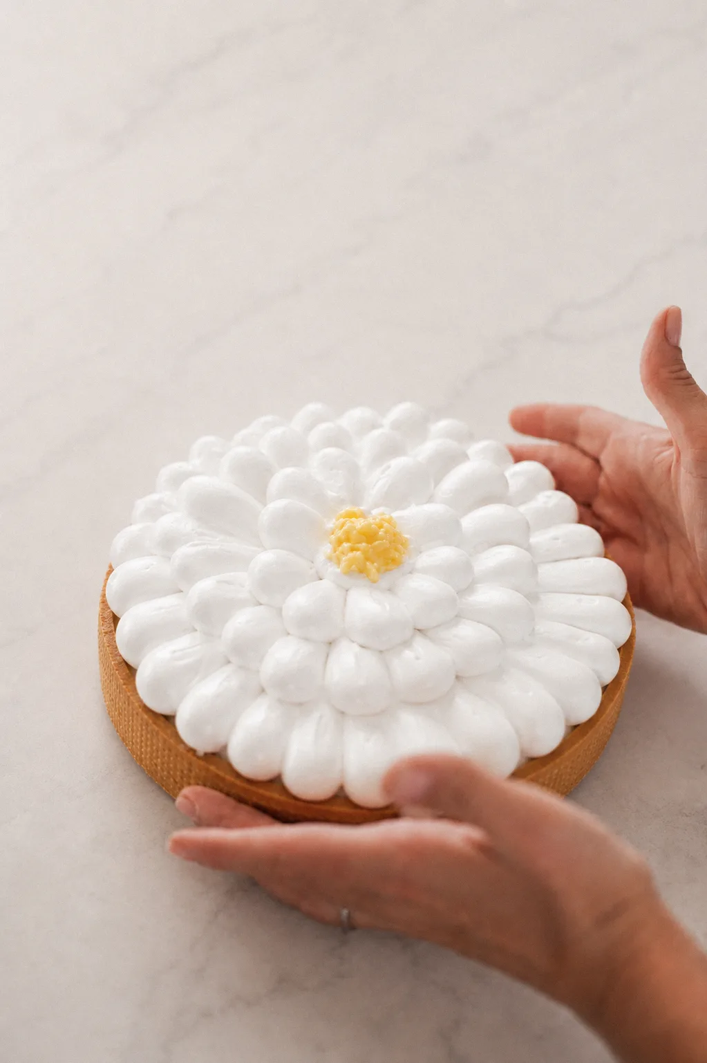 Un lemon pie recién terminado, sostenido con las dos manos.